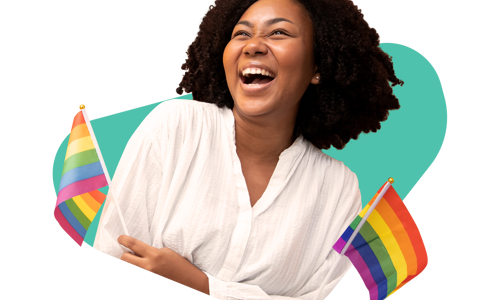 A woman holding two pride flags
