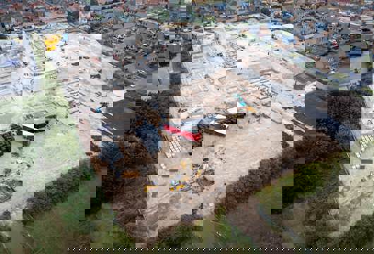 An aerial photo showing construction underway at the zero-gas housing development.