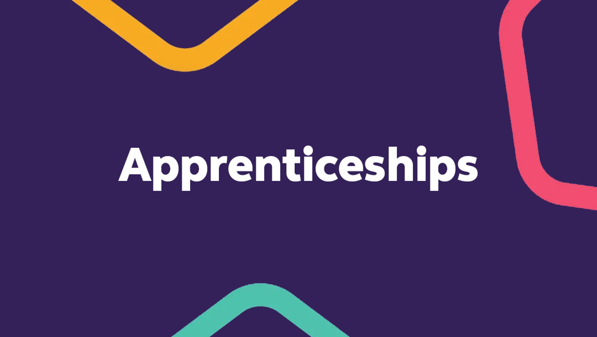 Purple graphic with 'apprenticeships' written on it