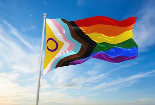 The Pride flag waving against a bright blue sky, its rainbow colours vibrant in the sunlight.