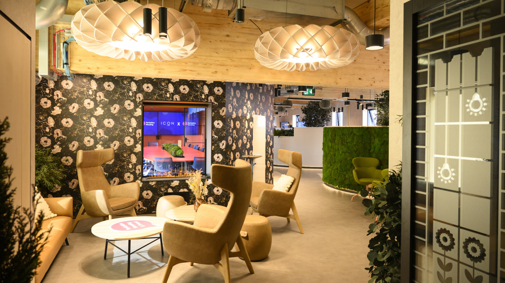 Relaxed office lounge with soft seating and natural light.