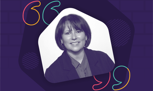 Leanne Hurrell in a cut out black and white photo on a purple background