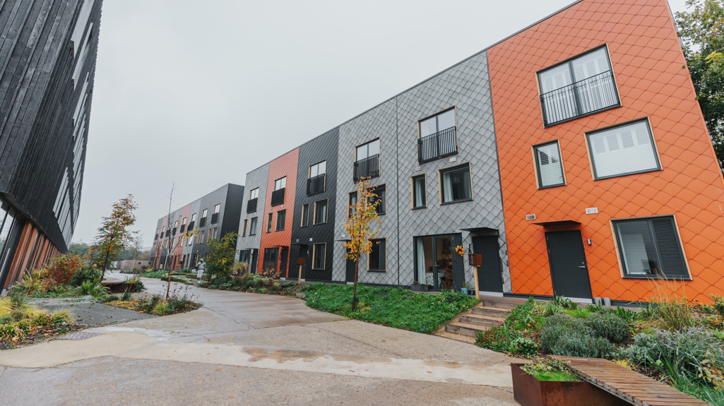 Photo of a row of terraced houses with black, grey and orange fronts
