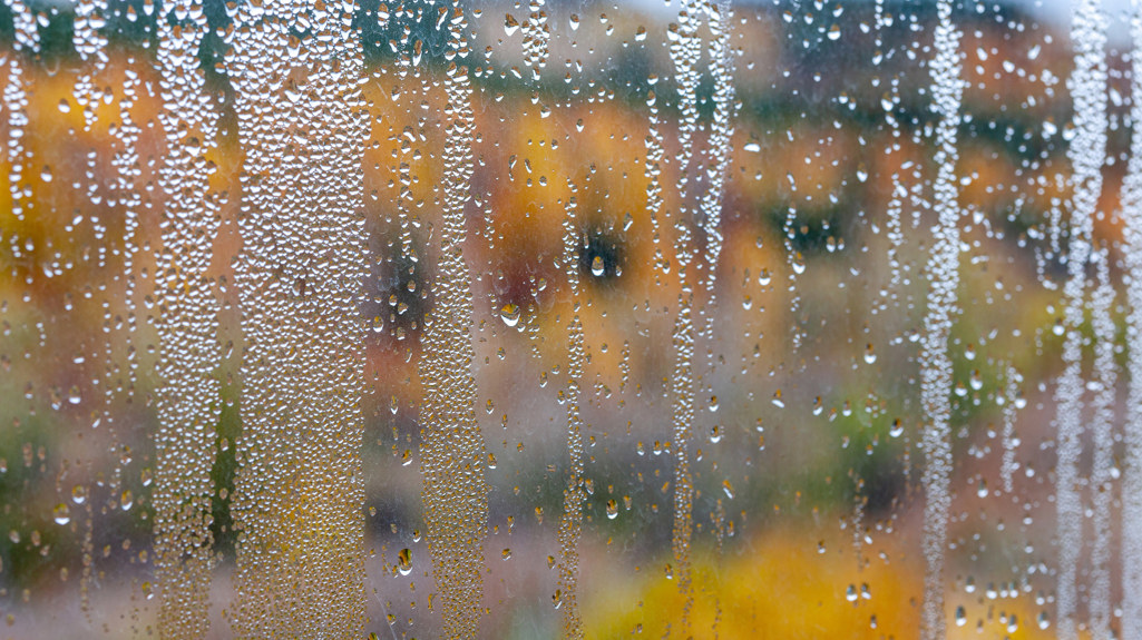 A photo of condensation running down the window. 