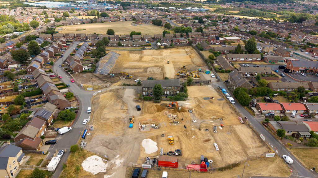Aerial view of the Colliery Gate development site in Monk Bretton, Barnsley, showing groundworks underway for 72 new affordable homes.