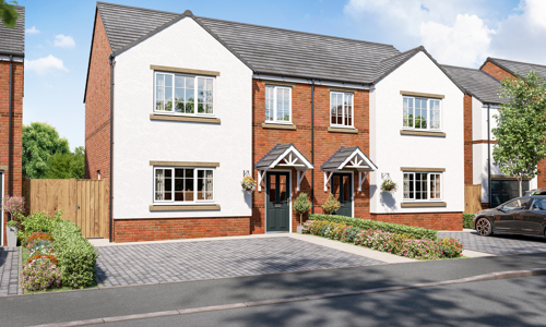 An artist's impression of red brick and white semi-detached houses